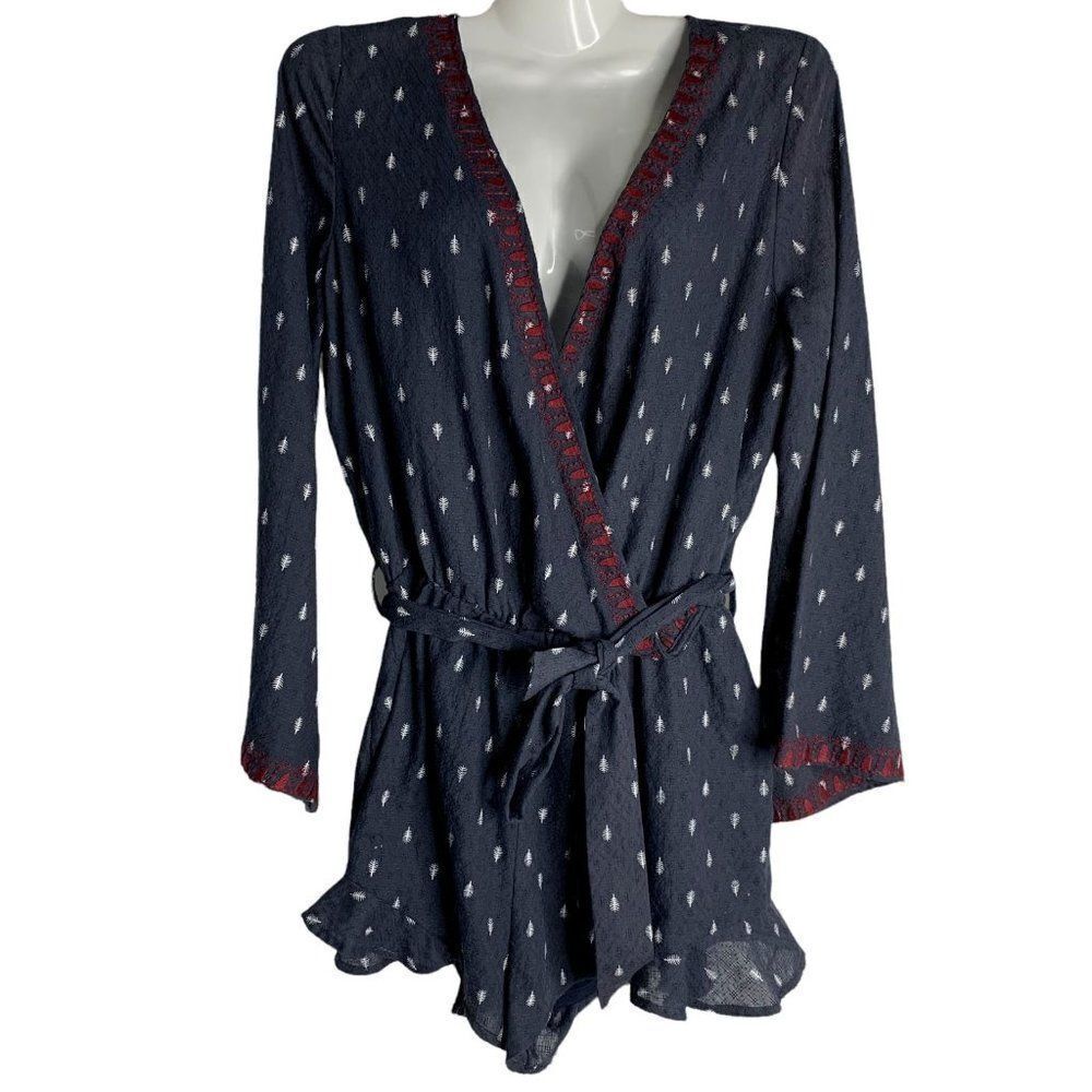 Hummingbird Bohemian Shorts Romper S Blue Embroidered Feather Bell Sleeves Belt